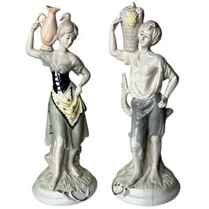Vintage Capo Di Monte Hand Painted Ceramic Peasant Man & Woman Figurines Pair